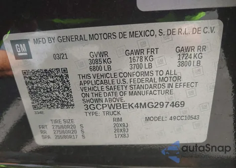 2021 Chevrolet Silverado 1500 2Wd Short Bed Custom z USA, uszkodzony, nr VIN 3GCPWBEK4MG297469